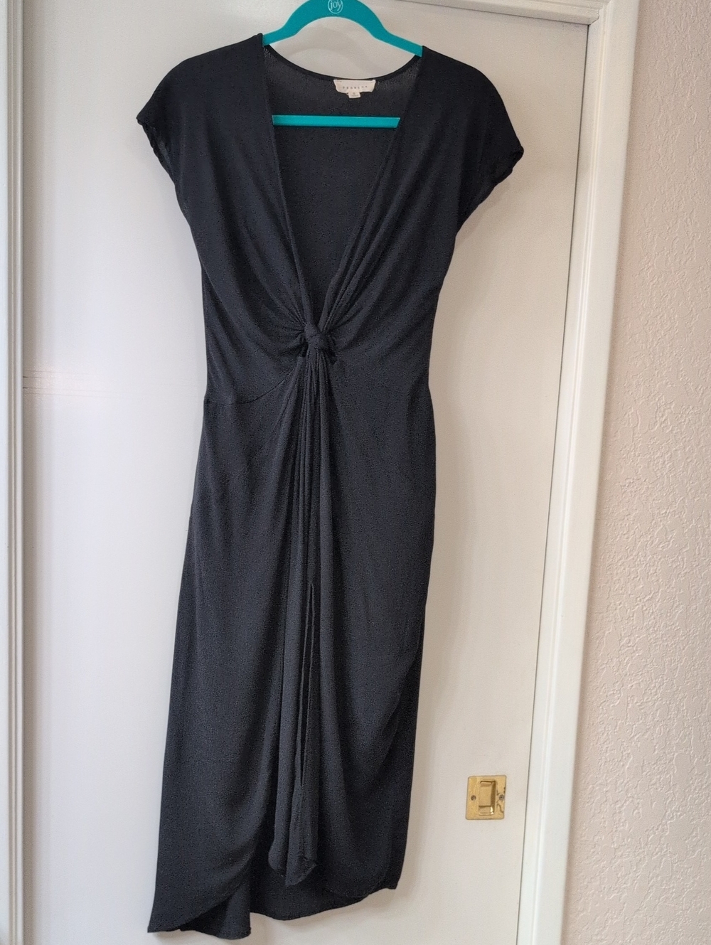 Promesa Black Plunge Neck Knot-Front Sz Sm Midi Dress Cap Sleeve Pockets Slit